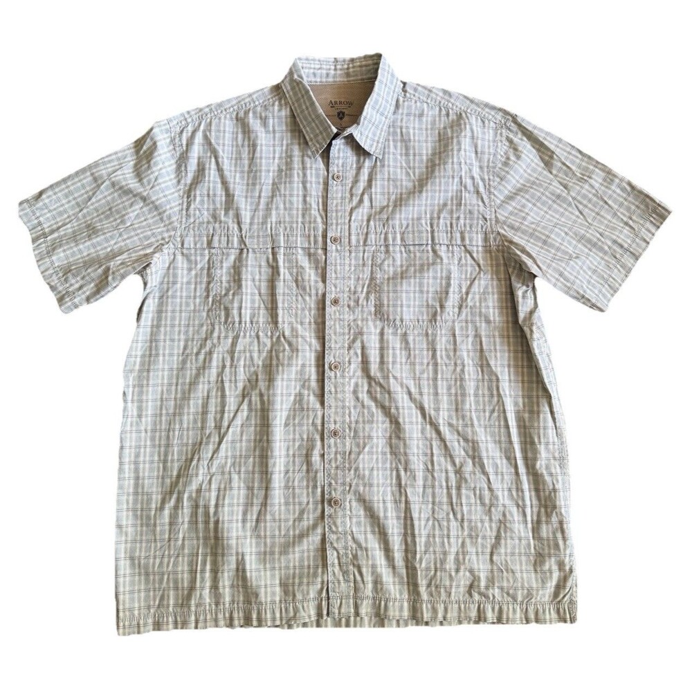 Arrow USA 1851 Mens L Beige Plaid Performance Casual Short Sleeve Button Up